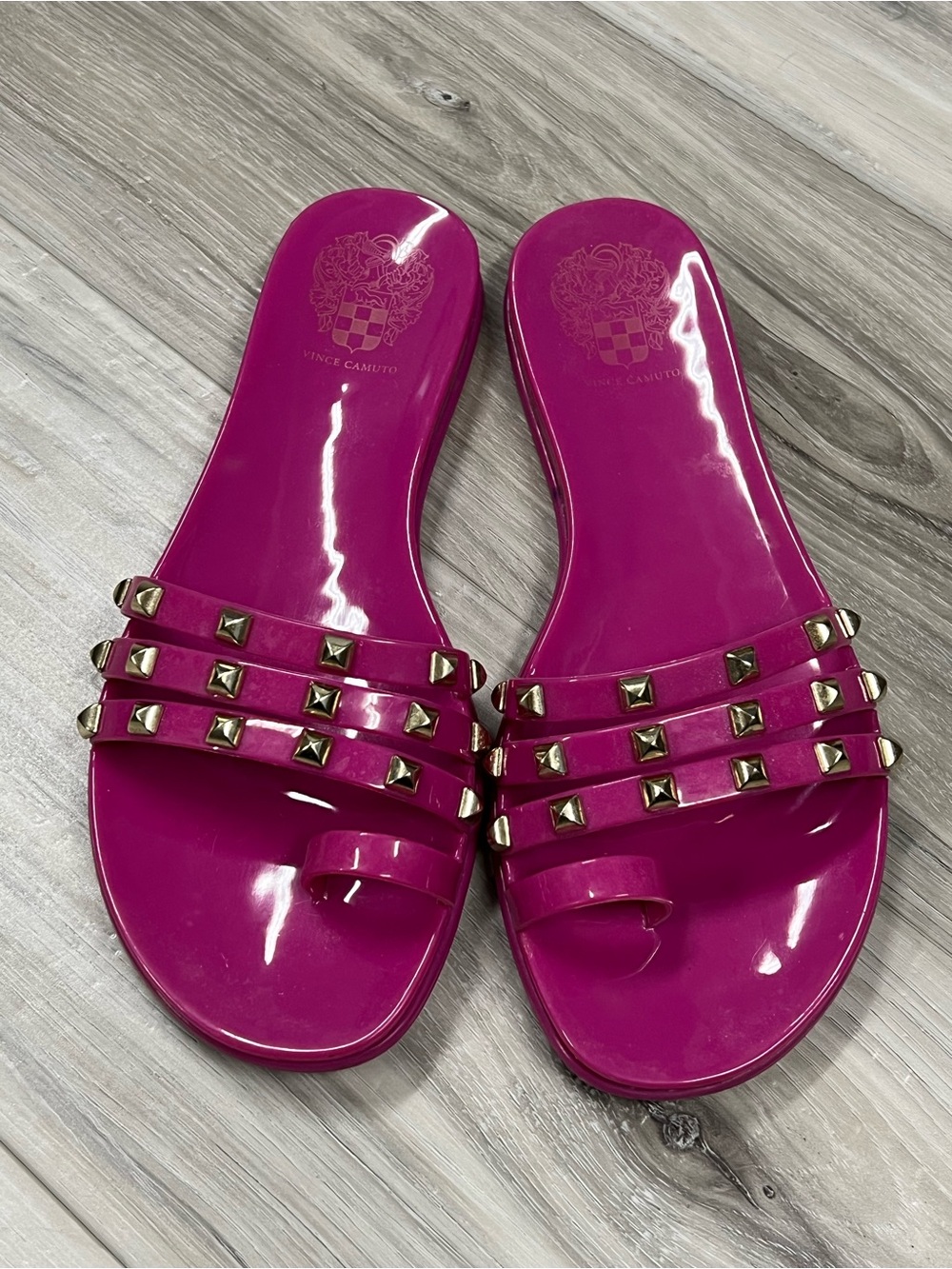 Vince Camuto Bright Fuchsia Studded Triple-Strap Slide Sandals